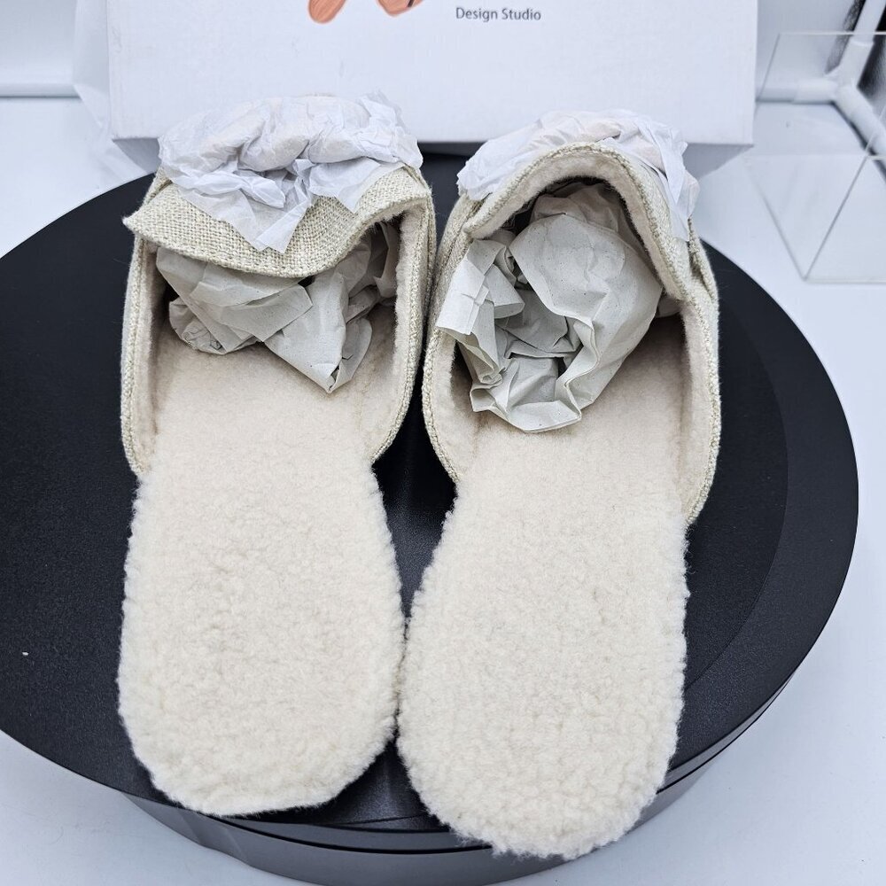 Beige Pointed-Toe Flat Mules with Metal Chain, Sherpa-Lined Backless Loafers Siz - Picture 7 of 9